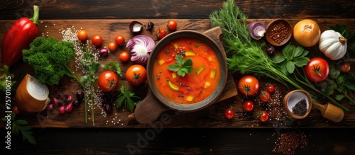 A dish of soup with a variety of vegetables as garnish  placed on a rustic wooden table. This delicious plantbased cuisine is made with natural foods and fresh ingredients  perfect for any event