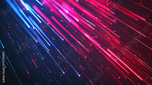 An animation with neon glowing fiber with a high speed motion effect. Blue and red lines of data networks or energy flows. Modern illustration of a modern technology particle with fast luminous