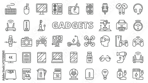Gadgets icons in line design. PC, gaming, game pad, game box, scales, bathroom scales, bulb, charger, scooter, coffee machine isolated on white background vector. Gadgets editable stroke icons.