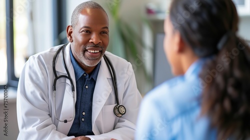 Doctor engages in an empowering conversation with their patient, fostering trust and understanding in a serene and comforting medical setting.