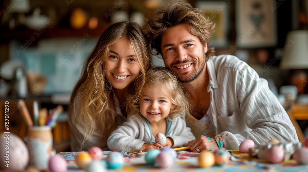 joyfully family painting Easter eggs at home. kid and parents prepare for Easter joyfully family painting Easter eggs at home. kid and parents prepare for Easter