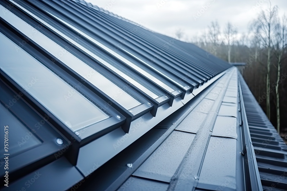 Building a modern house with attic skylight windows, metal roofing, rain gutter system, and snow protection. Building a modern house with attic skylight windows, metal roofing, rain gutter system, and snow protection.