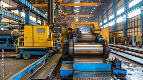 A large-scale rolling machine processing heavy metal sheets