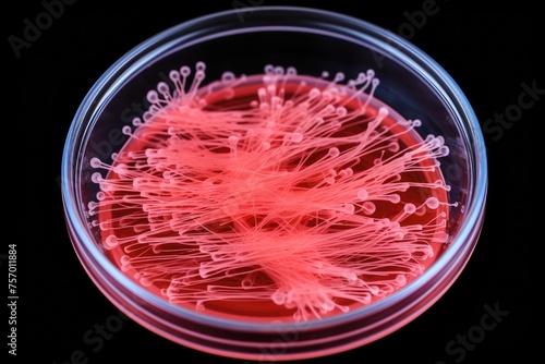 Mixed bacterial colonies, including E. coli, Salmonella, and Enterobacteriaceae, growing on red agar plate. photo