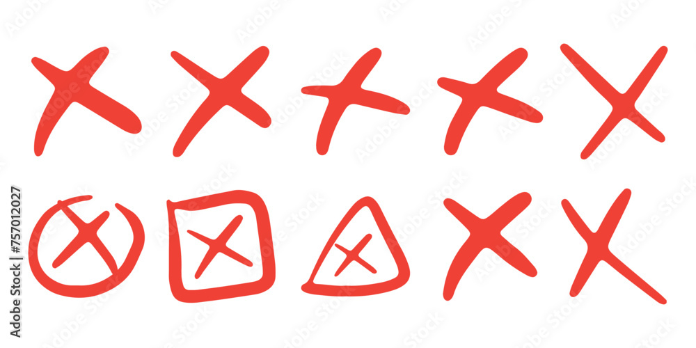 Hand drawn doodle red cross mark, x mark set Hand drawn doodle red cross mark, x mark set