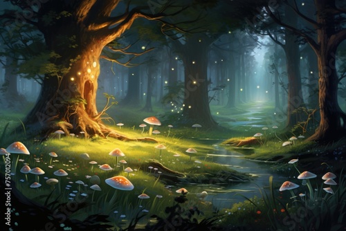 Abstract and magical image of Firefly flying in the night forest. Fairy tale concept