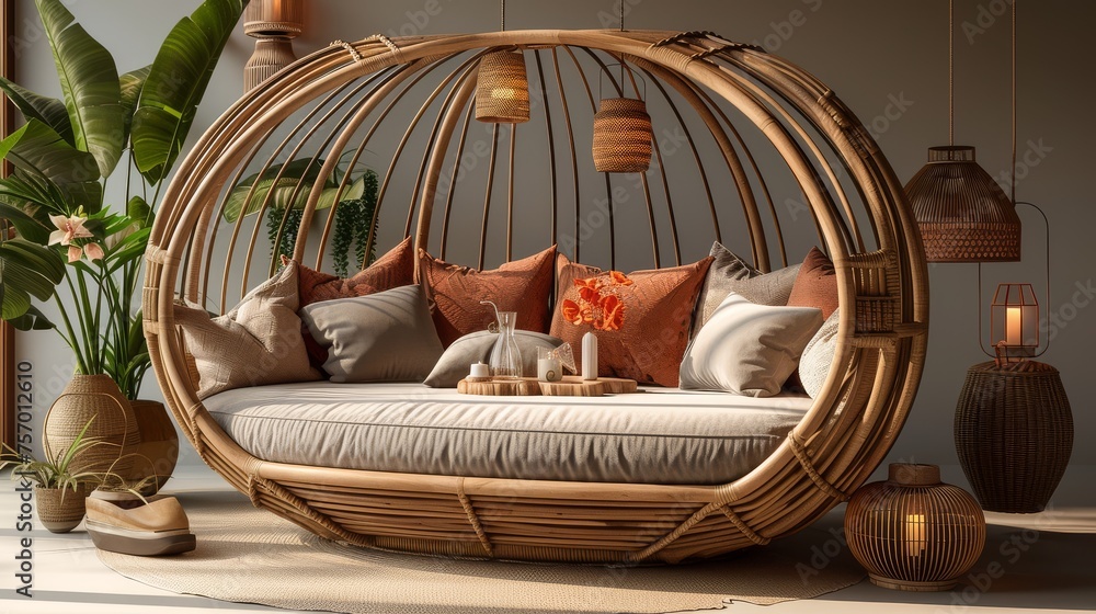 Elegant rattan daybed with cozy pillows and tropical plants.