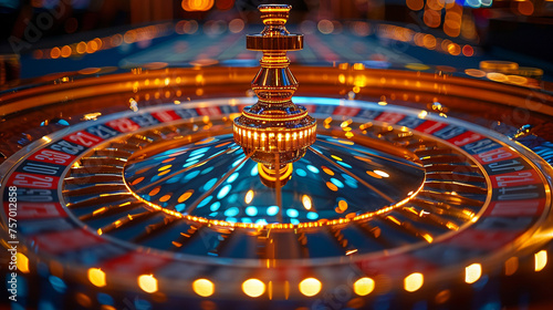 Close-up of a vibrant roulette wheel in motion, with dynamic lighting reflecting off the surface.