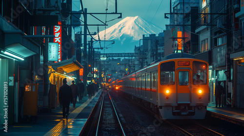 Tokyo cityscape with Mount Fuji in the background at night