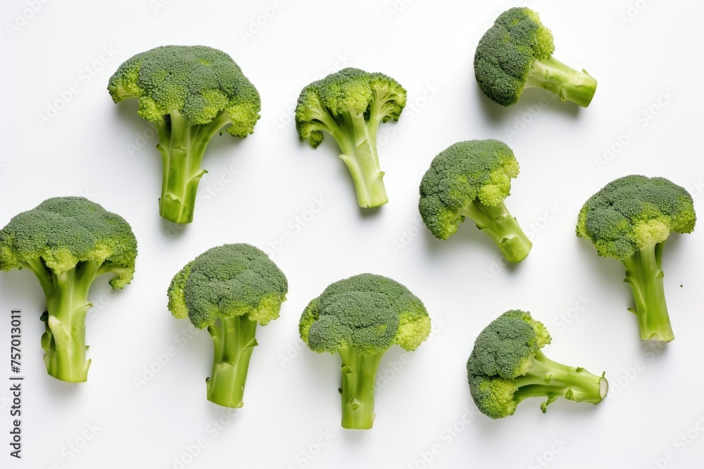 Bird's-eye view of broccoli on white background. Bird's-eye view of broccoli on white background.