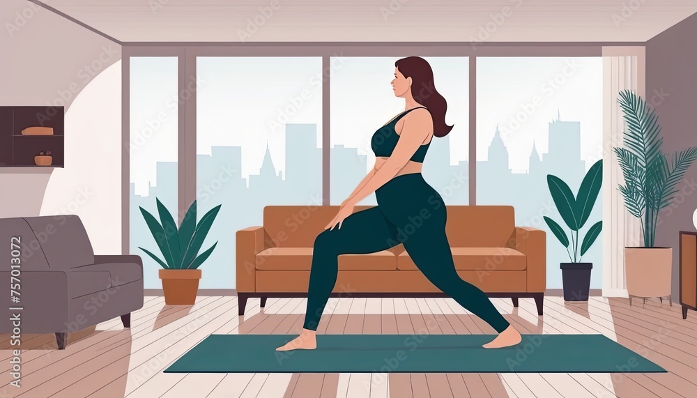 Large woman, yoga practice near sofa, leggings and top attire. Bright room, large window, floor-standing flower. Large woman, yoga practice near sofa, leggings and top attire. Bright room, large window, floor-standing flower.