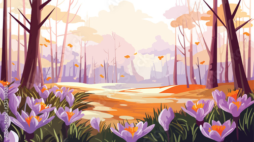 Sunny crocus in the forest in spring flat vector