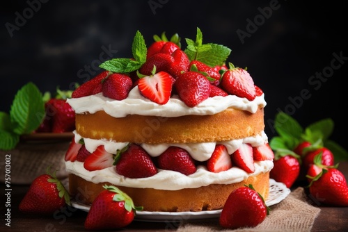 Focused summer cake with cream cheese fresh strawberries