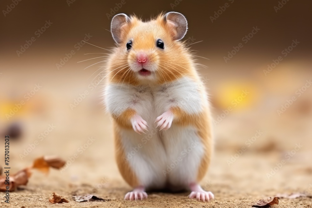 Hamster standing upright on white background.