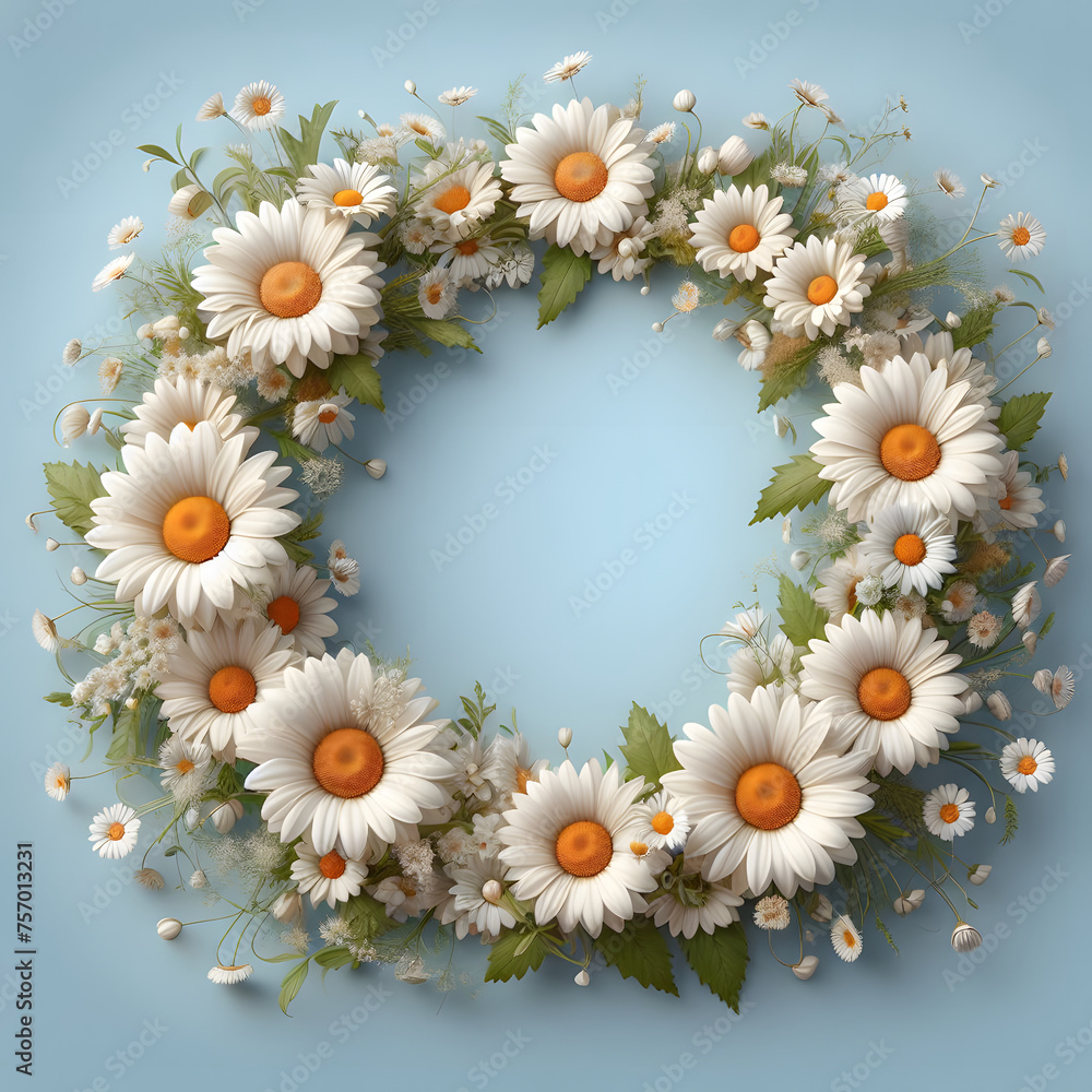 Fototapeta premium Daisy flower frame, isolated on a blue background, Spring Frame