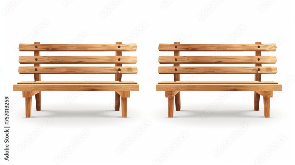 Park or backyard wooden bench on planks for decoration. Modern illustration set of empty seat. Light brown urban furniture for outdoor spaces.