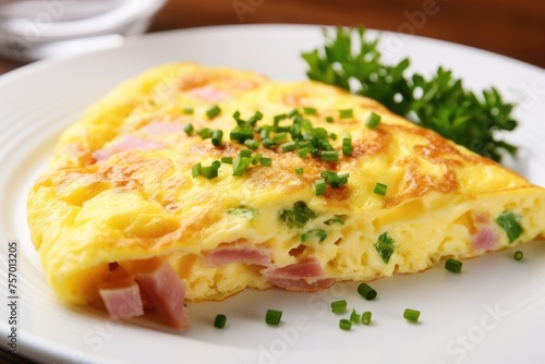 Close-up shot of a plate with a ham and cheese omelette.