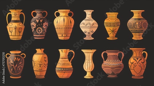 An ancient vase set is isolated on a black background. A cartoon illustration of antique pottery with cracks and ornament patterns is shown. The set includes an amphora, a ceramic urn, a brown clay