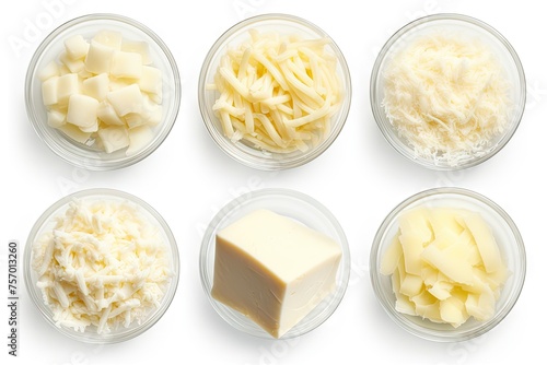 Assorted cheese varieties in a bowl isolated on white viewed from above