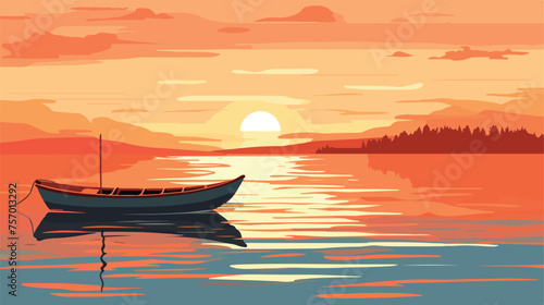 Sunset and boat flat vector isolated on white background