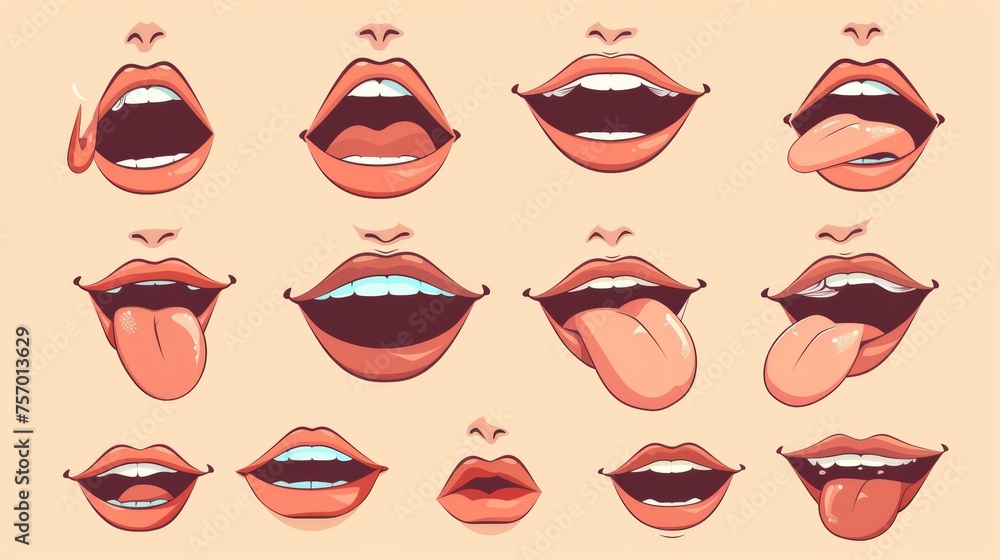 Animated set of young female character's mouth and tongue during talking and pronouncing the English alphabet. Animated set of young female character's mouth and tongue during talking and pronouncing the English alphabet.