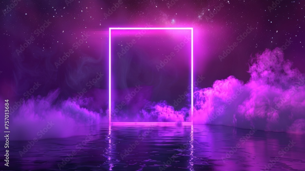 An illustration of a luminous magic portal with a glowing effect and clouds. Smoky futuristic border with neon purple neon rectangle door frame.