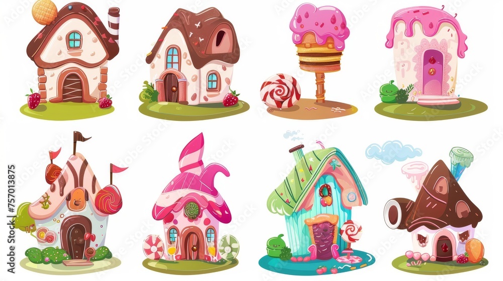 A cartoon modern illustration set of sweet fantasy dessert houses made of cake and cookies, chocolate and lollipops, ice cream and berries.