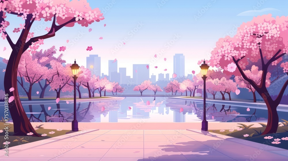 Spring cartoon illustration of Japanese cherry trees in a city park with pond and pink flowers. Stone pavement, lamps, and a Japanese cherry tree in a city park with pond and pink blossoms. - obrazy, fototapety, plakaty 