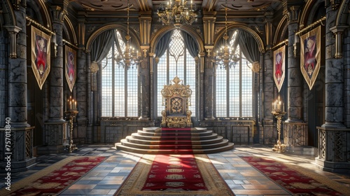 An elegant castle hall room with a golden throne on a pedestal  red carpet on the floor and wall curtains on the walls  hanging flags  stone columns  a chandelier on the ceiling  large windows and a