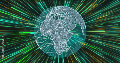 Image of network of connections over globe and glowing light trails