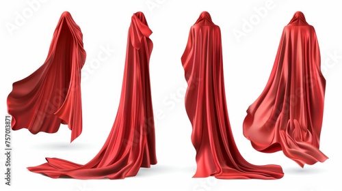 An illustration of a red superhero cloak set isolated on a white background. It is a modern realistic representation of silk cloth drapery flying in the wind, a halloween costume mantle, a textile