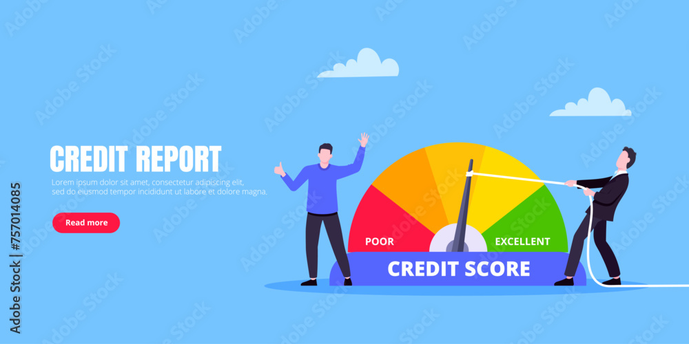 Man pushes credit score arrow gauge speedometer indicator with color levels. Measurement from poor to excellent rating for credit or mortgage loans concept flat style design vector illustration. Man pushes credit score arrow gauge speedometer indicator with color levels. Measurement from poor to excellent rating for credit or mortgage loans concept flat style design vector illustration.
