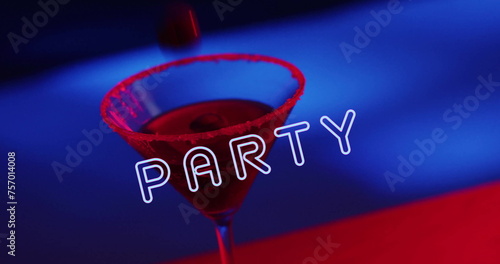 Image of party text and cocktail on blue to red background