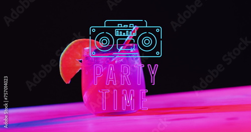 Image of party time neon text and cocktail on pink and black background