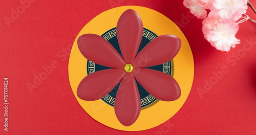 Image of chinese pattern and flowers with copy space on red background