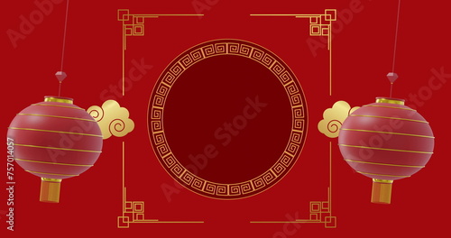 Image of lanterns and chinese pattern with copy space on red background
