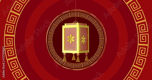 Image of lantern and chinese pattern with copy space on red background