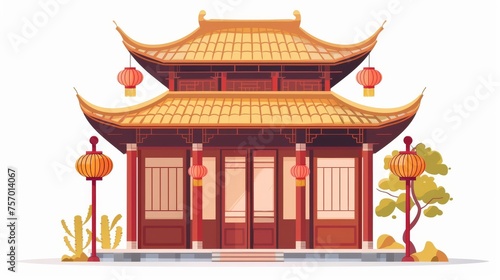 An ancient architecture of a Chinese building facade on a white background. Cartoon illustration of a Chinese house with a traditional oriental style roof and entrance gate decorated with paper