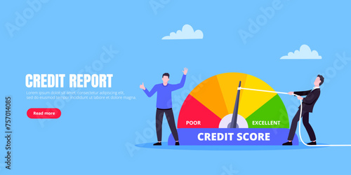 Man pushes credit score arrow gauge speedometer indicator with color levels. Measurement from poor to excellent rating for credit or mortgage loans concept flat style design vector illustration.