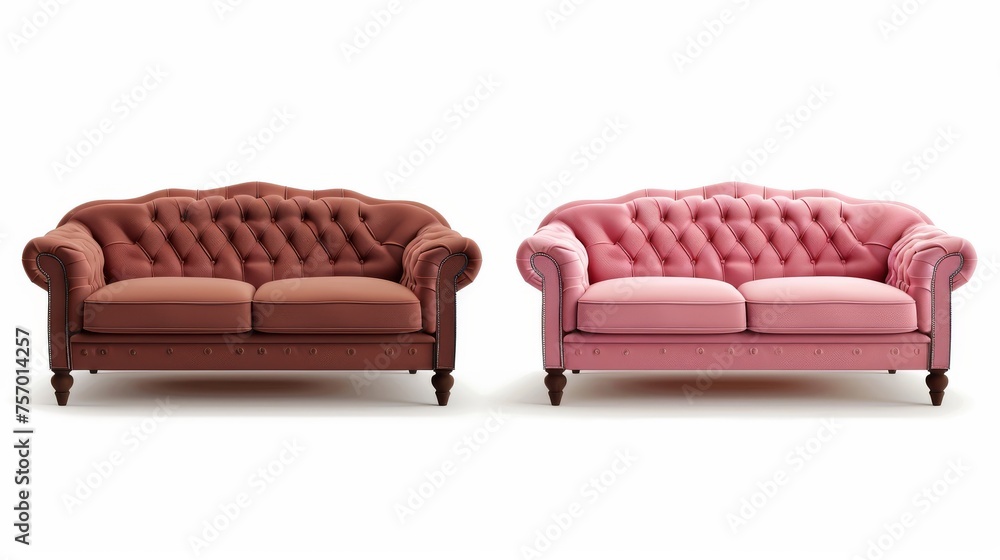 © Mark - A set of 3D couches isolated on white background. Modern realistic illustration of a brown and pink sofa mockup, for use in homes, hotel lobbies, and other interior design environments. © Mark - A set of 3D couches isolated on white background. Modern realistic illustration of a brown and pink sofa mockup, for use in homes, hotel lobbies, and other interior design environments.