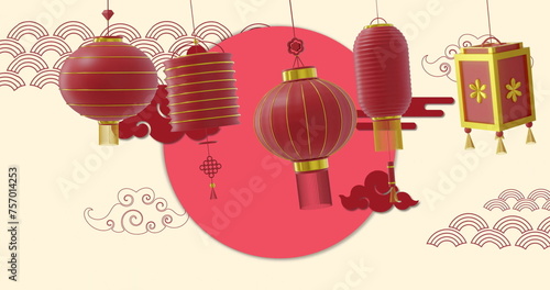 Image of lanterns and chinese pattern with copy space on yellow background