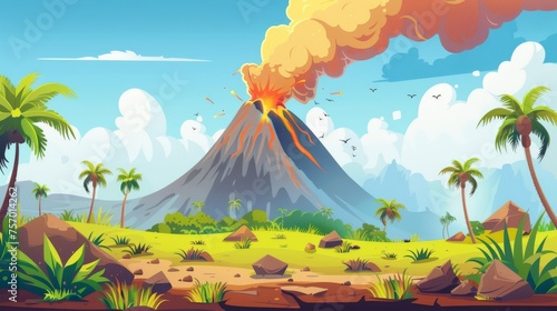 Jurassic period landscape with volcanic eruption. Cartoon modern illustration scenery with volcano mountain, smoke cloud, rocks, palm trees and grass. © Mark