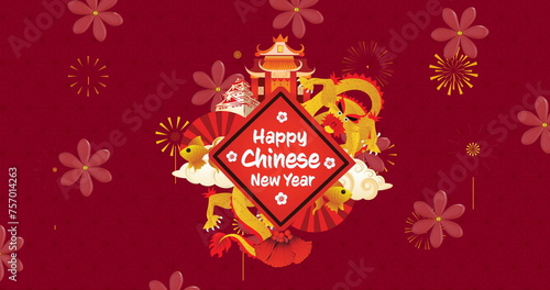 Fototapeta Naklejka Na Ścianę i Meble -  Image of happy chinese new year ext over lanterns and chinese pattern on red background