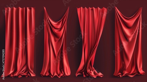 A realistic modern illustration of a close and open opera stage cloth drape for presentation and show concepts. A theatrical fabric drapery with folds.