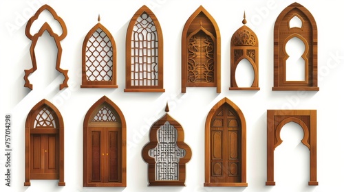 An illustration of traditional islamic mosque or arab palace design elements with brown wooden doors and gates, Middle Eastern architecture.