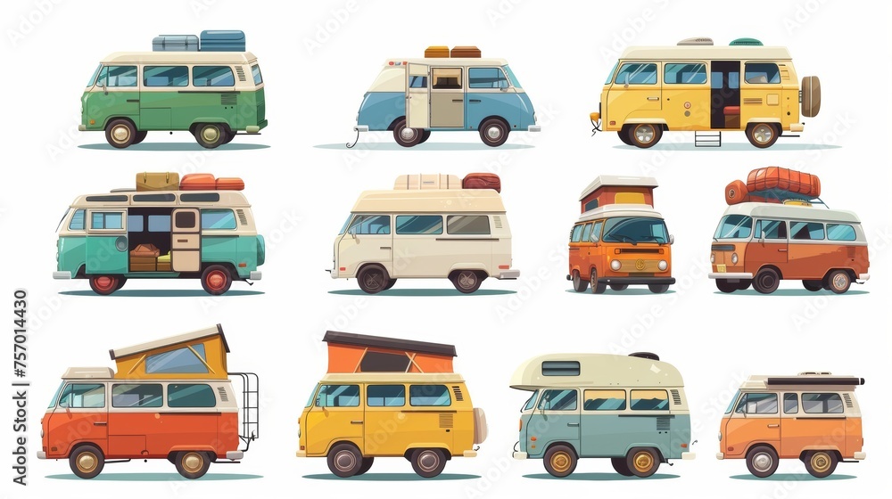 Caravan with baggage on top and open door. Cartoon modern set of caravan and motorhome for vacation. Vintage rv on trailer. Caravan with baggage on top and open door. Cartoon modern set of caravan and motorhome for vacation. Vintage rv on trailer.