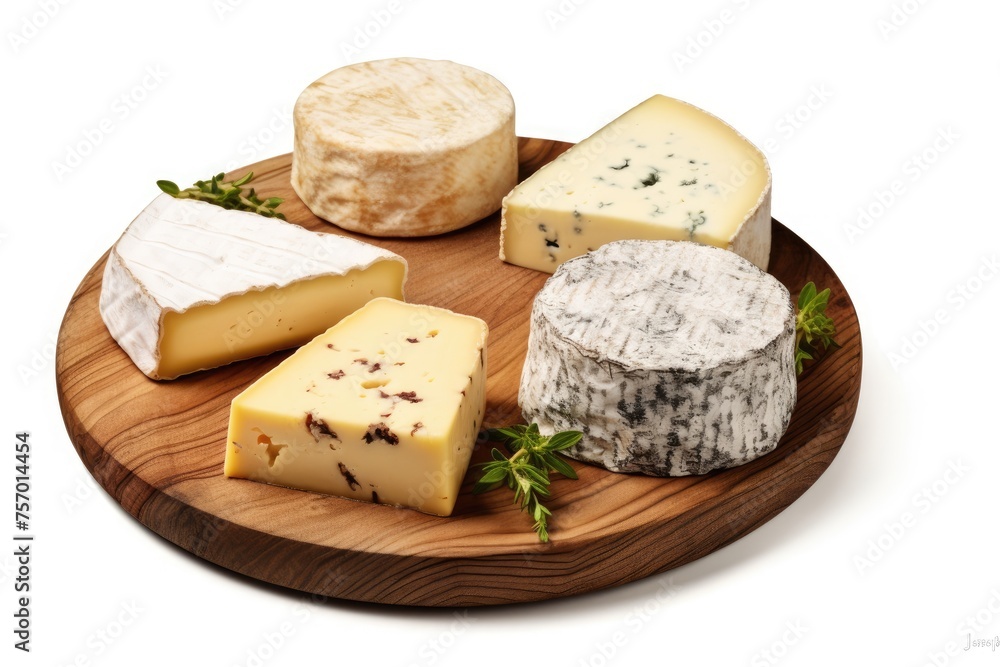 Four cheeses on a round board isolated