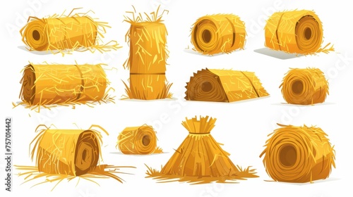 An agricultural rural hay stack and roll for farm design. Cartoon modern illustration set of bale straw pile for fodder and forage. Yellow agricultural country hay stack. photo