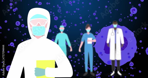 Image of doctor in safety uniform over blue cells on navy background
