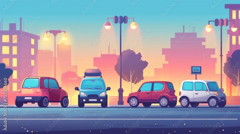 The car is on a parking lot at the end of a city street. Cartoon modern illustration of the city scene with parked cars. Building silhouettes with lamps and signs. Vehicles at a town stop.